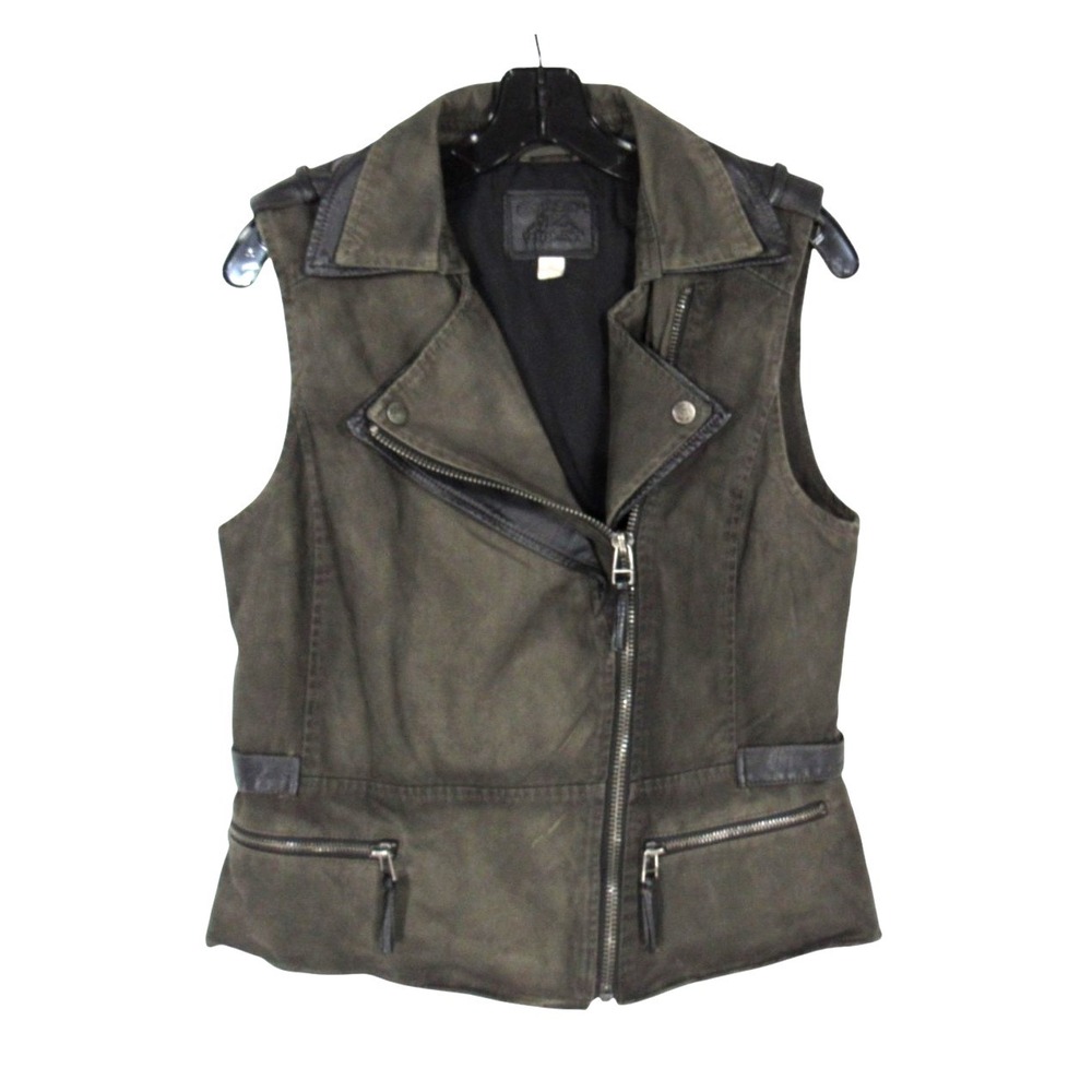 CHELSEA & VIOLET Army Green FAUX LEATHER TRIM Snap ZIP POCKETS Moto Vest Sz S